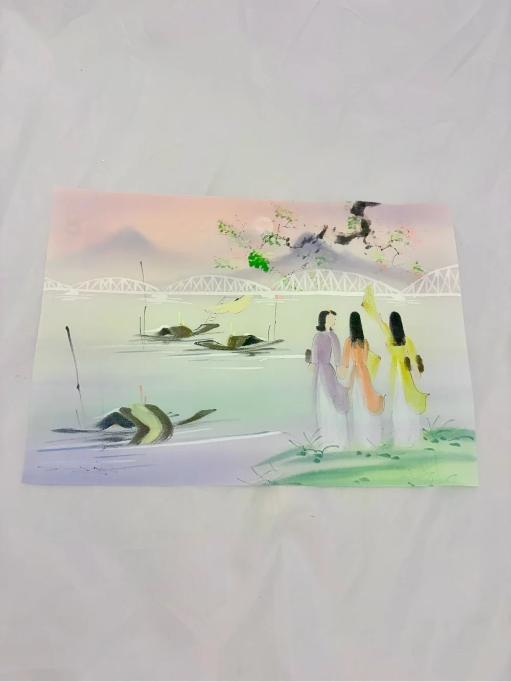 Vintage Hand painted Scene on Fabric Asian Style